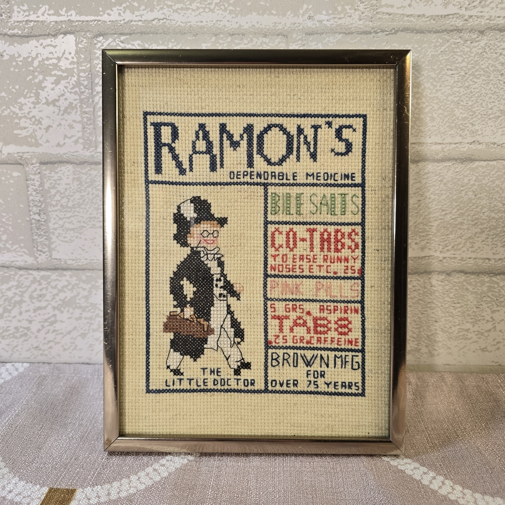 Vintage RAMON'S DEPENDABLE MEDICINE Completed Cross Stitch Framed Advertising